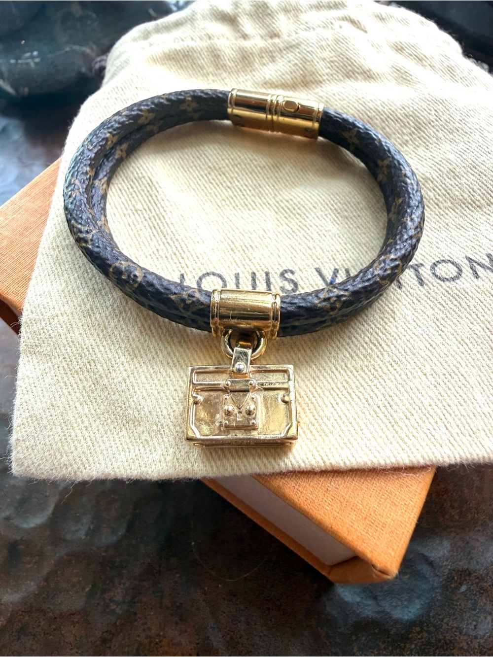 LOUIS VUITTON Brown Monogram Gold Charm Bracelet